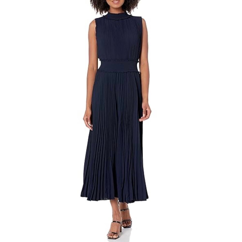 Nanette Nanette Lepore Smocked High Neck Pleated Dress Women Navy Blue Sz 18 New